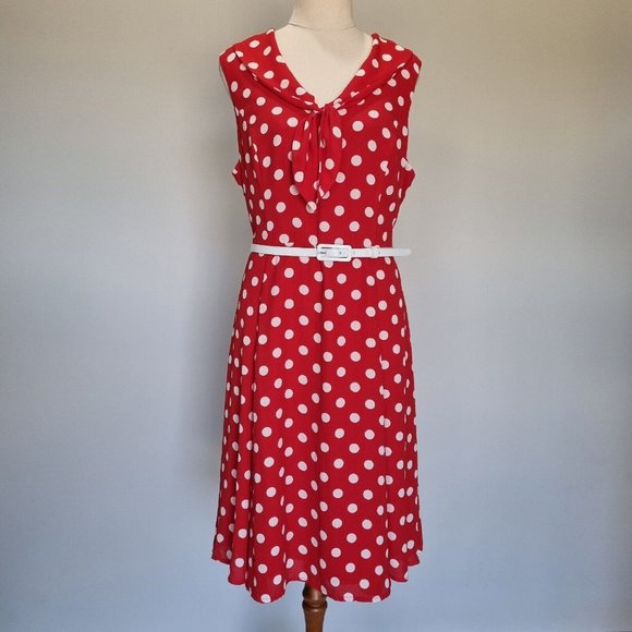 Review Dolce Vita Red & White Polka Dot Fit & Flare Dress with Belt Size 14 - Picture 2 of 10